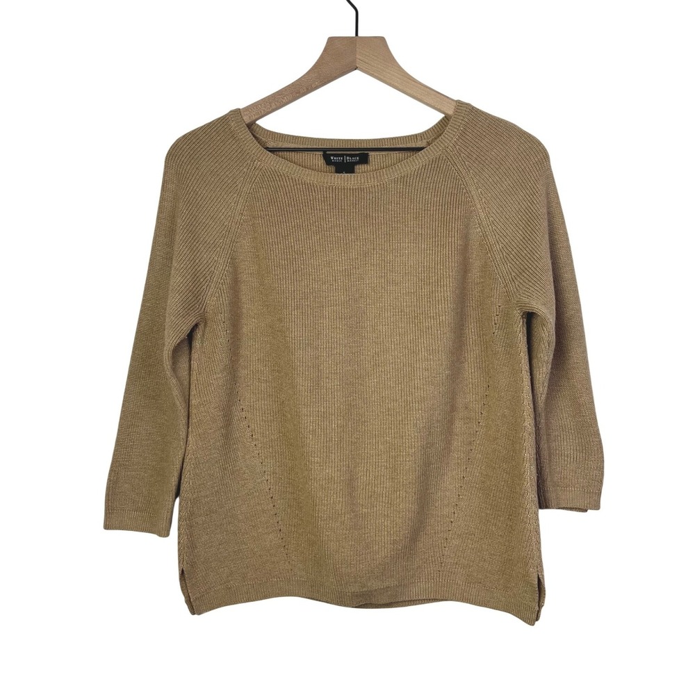 White House Black Market Womens Camel‎ Ribbed Knit 3/4 Sleeve Sweater Size Small